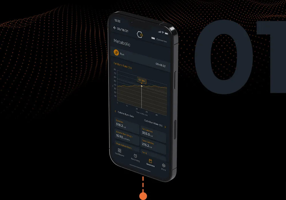 Calibre Breath Tracker's mobile app displaying real-time fat burn percentage 